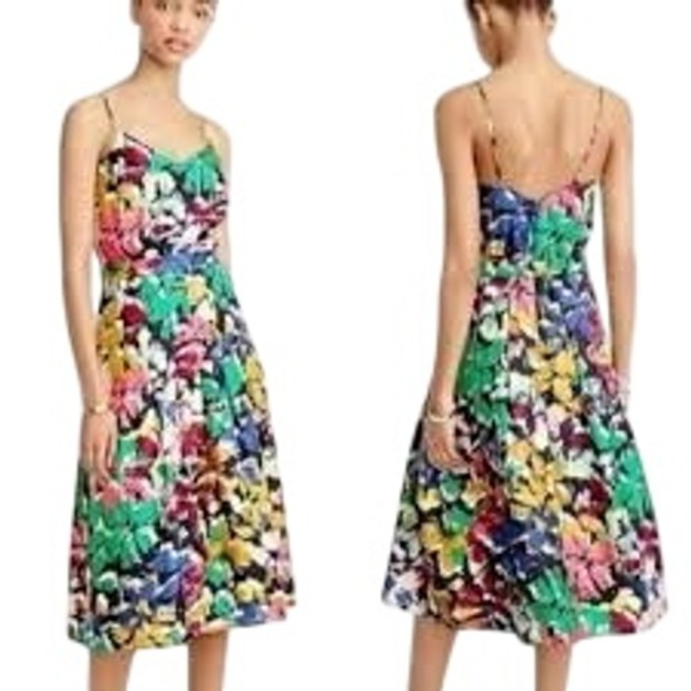 J.Crew Midi Dress Women 00 Multi-Color Excellent Silk Abstract Floral V-Neck